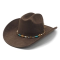 Ethnic vintage dark brown suede cowboy hat with beaded band and floral charm in top view - M (56-57cm) / Brown