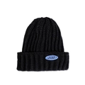 Detail of black ribbed knit beanie featuring a light blue rubber Just logo patch - M (56-58cm) / Black