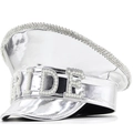 Silver mirror PU bride captain hat with pearl letters and rhinestone trim for bachelorette parties - Adjustable / Laser Silver