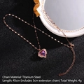 Rose gold titanium steel heart necklace with purple crystal pendant and 45cm chain - Rose Gold with Purple Heart