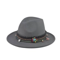 Dark grey wool fedora hat featuring a bohemian beaded band with turquoise and tassels - 15-Dark Gray