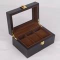 Three-slot black wooden watch display box with glass window and brown velvet lining - 3 Slots Matte Black Coffee Interior