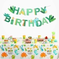 Green dinosaur birthday party set with Happy Birthday banner and disposable tablecloth - Green Dinosaur