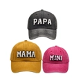 Three washed fabric baseball caps in dark grey, yellow, and rose red with PAPA MAMA MINI letters - Family Set (PAPA+MAMA+MINI) / Black/Yellow/Red