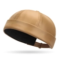 Retro khaki PU leather docker cap with stitched panels and adjustable back strap - Khaki