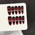 Gothic zwart-rode ombre plaknagels met kruisjes en roze harige textuur details - Groot (L) / Lang Ovaal Zwart Rood Bloed Verband Stijl