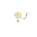 L-shaped gold nose stud featuring an opal center and a dangling pink heart gemstone - Gold Heart Moonstone Nose Stud (#19)