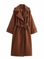 Caramel long double-breasted wool coat with matching belt and classic lapels - XS / Brown