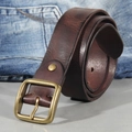Vintage dark brown cowhide leather belt for men with brass pin buckle on denim - Coffee