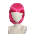 Detail of a pink short bob wig with bangs on a model for cosplay and fashion - Pink