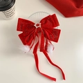 Red velvet bow hair clip with rhinestone star, gold chains and white fuzzy pom-poms - Style 1: Large Bow Clip with Streamers