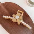 Pince à cheveux en métal doré avec perles blanches et fleur mate jaune, longueur 11,5cm - 57# Fleur Kaki