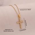 Goldene Edelstahl-Kreuzkette mit Kunstperlen-Inlay und 40+5cm Kettenlängen-Details - Perlenkreuz-Stil (2#)