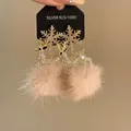 Golden Christmas earrings with reindeer, snowflake charms and pink velvet balls - Gold Christmas Reindeer Snowflake Pom Pom Earrings (34# Silver Pin-Gold)