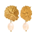 French vintage 18K gold plated ruffled flower earrings with white pearl pendants - Lace Pearl Studs-Gold