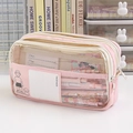 Pink three-layer high capacity pencil case with transparent mesh and cartoon mascot - 3-Layer Large Capacity - No Clip / Pink