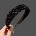 Handcrafted wide beaded headband featuring sparkling black crystal beads in a woven design - Black