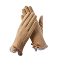 Gants thermiques en daim camel avec nœud marron et bordure en fourrure grise - Nœud En PU Avec Bordure En Fourrure / Kaki