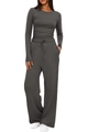 Detail view of dark grey long-sleeve crop top and high-waist drawstring wide-leg pants - S / Dark Gray
