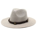 Close-up of woven fedora hat with brown leather band and vintage metal buckle detail - M (56-58cm) / Gray
