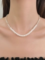 Close-up of elegant necklace featuring white round pearls and faceted metal beads detail - Artificial Pearl & Metal Bead Spliced Necklace (3002) / Bright Silver