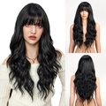 Detail view of long wavy black wig with flat bangs showing front and back styling on model - Black (lc8239-4)
