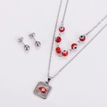 Detail of double-layer stainless steel necklace with red evil eye beads and square pendant - Steel Red