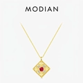 Vintage 925 silver square hollow necklace with red crystal and gold plating - Gold (925 Sterling Silver)