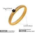 Gold stainless steel textured cuff bracelet featuring a square black gemstone inlay - 1.0cm Wide / Gold with Black Zircon