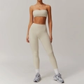 Women's creamy beige high-waist yoga set with bandeau crop top and tight leggings - S / Oat Apricot Bandeau+Pants