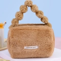 Brown plush large capacity makeup bag with soft fuzzy ball handle and white label - Light Coffee