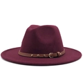 Classic burgundy wool fedora hat featuring a brown faux leather belt with gold rivets - Burgundy