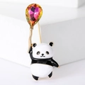 Cartoon Panda Brosche mit buntem Kristallballon und schwarz-weißer Emaille-Optik - Goldmetall Violetter Ballon
