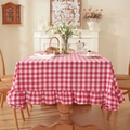 Festive red and white plaid tablecloth with ruffle edges in cotton linen fabric - Red And White Checkered Lotus Flowers