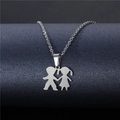 Polished stainless steel boy and girl silhouette pendant necklace on a jewelry display - Boy Girl