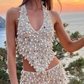 Set top a fascia e gonna all'uncinetto avorio con conchiglie naturali e paillettes - S / Tops