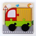 Wooden 3D truck puzzle for toddlers with red cab and yellow trailer on cartoon baseplate - Van with Buckle