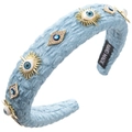 Blue denim headband with crystal evil eye charms and handmade label on white background - Denim Light Blue