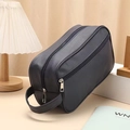 Large capacity navy blue PU leather toiletry bag with double zippers and top handle - Navy Blue