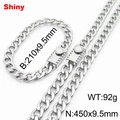 Shiny silver stainless steel NK chain necklace and bracelet set with box clasp - Style A (Box Clasp) / 9.5mm Width/45cm Chain / Steel