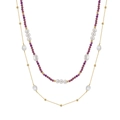 Collier bohème à double rang avec perles mauves, chaîne dorée et perles baroques - Style Double Couche Violet (MPN01-14K)