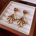 Detail of vintage heart earrings with pearls and colorful rhinestones on a wooden box - Leaf Base Color Rhinestone Earrings (31#)