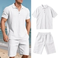 Ανδρικό casual λευκό λινό σετ με polo μπλούζα και σορτς από ύφασμα που αναπνέει - S / Λευκό
