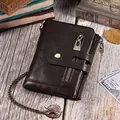 Retro dark brown genuine leather wallet with bronze security chain and multi-zipper pockets - Style 2130 / Dark Coffee