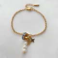 Bracelet à breloques élégant en acier inoxydable plaqué or 14 carats avec perles et strass - 15+3cm / Or