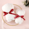 Two pieces of white bear-shaped coral fleece towels with red Just for you ribbon gift - White Pearl Bear [Red Ribbon]