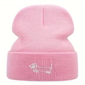 Pink knitted beanie with cute white dachshund dog embroidery for winter warmth - One Size / Pink