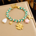 Handmade woven cord bracelet with colorful beads and gold-plated floral charms - Green White Pink Sunflower and Cross Style (B1797)