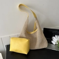 Woven straw beach tote bag with yellow PU leather trim and matching inner pouch - Yellow
