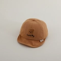 Detail of baby cotton cap featuring embroidered bear and lucky text on camel fabric - 50cm 1-2 Years / Dark Khaki